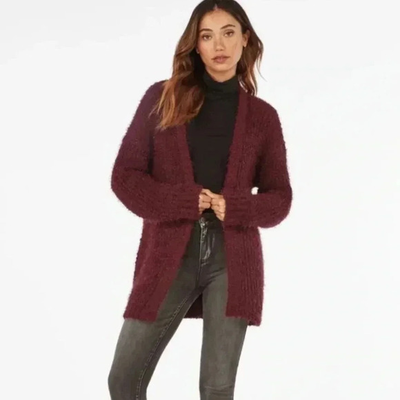 JustFab Fuzzy Wine Open Cardigan - Picture 1 of 10
